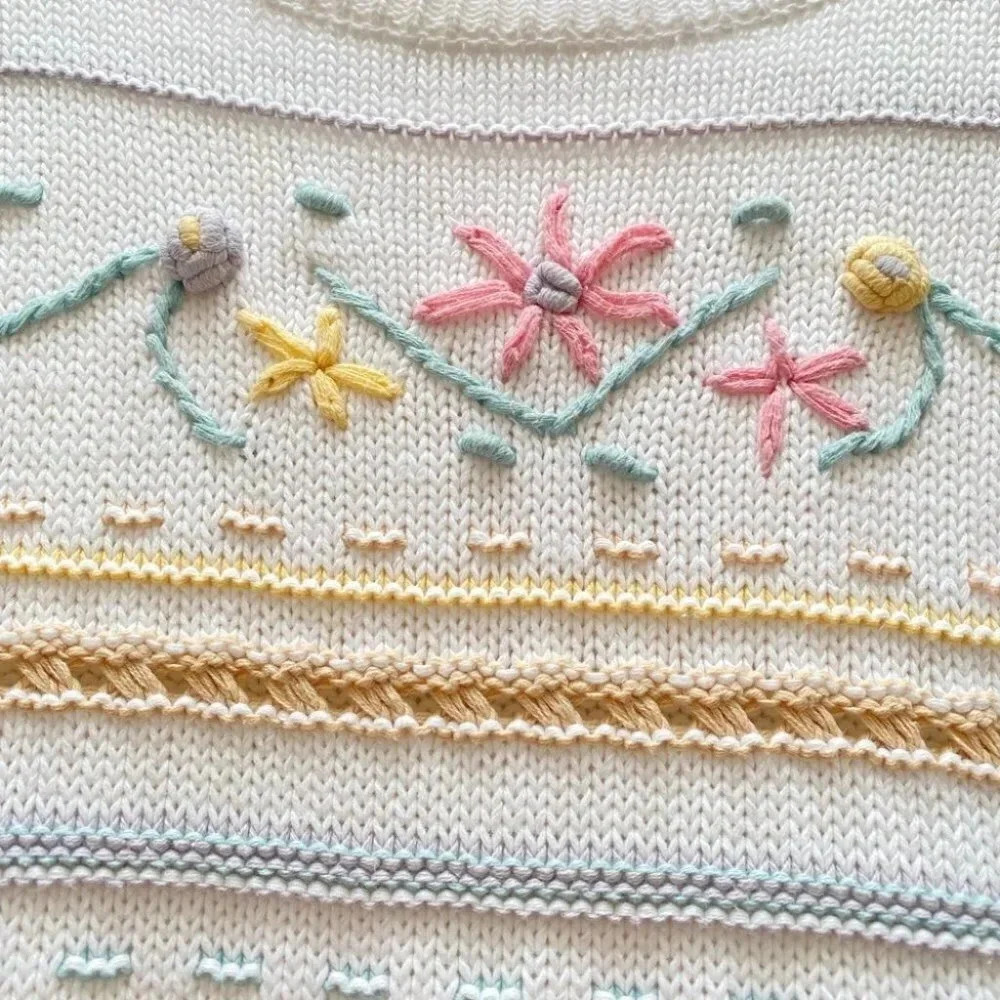 Vintage -  Cream Pastel Floral Embroidered Ramie Short Sleeve Sweater - Picture 5 of 5